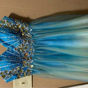 Blue Beaded Dress with Gold and Silver Accents